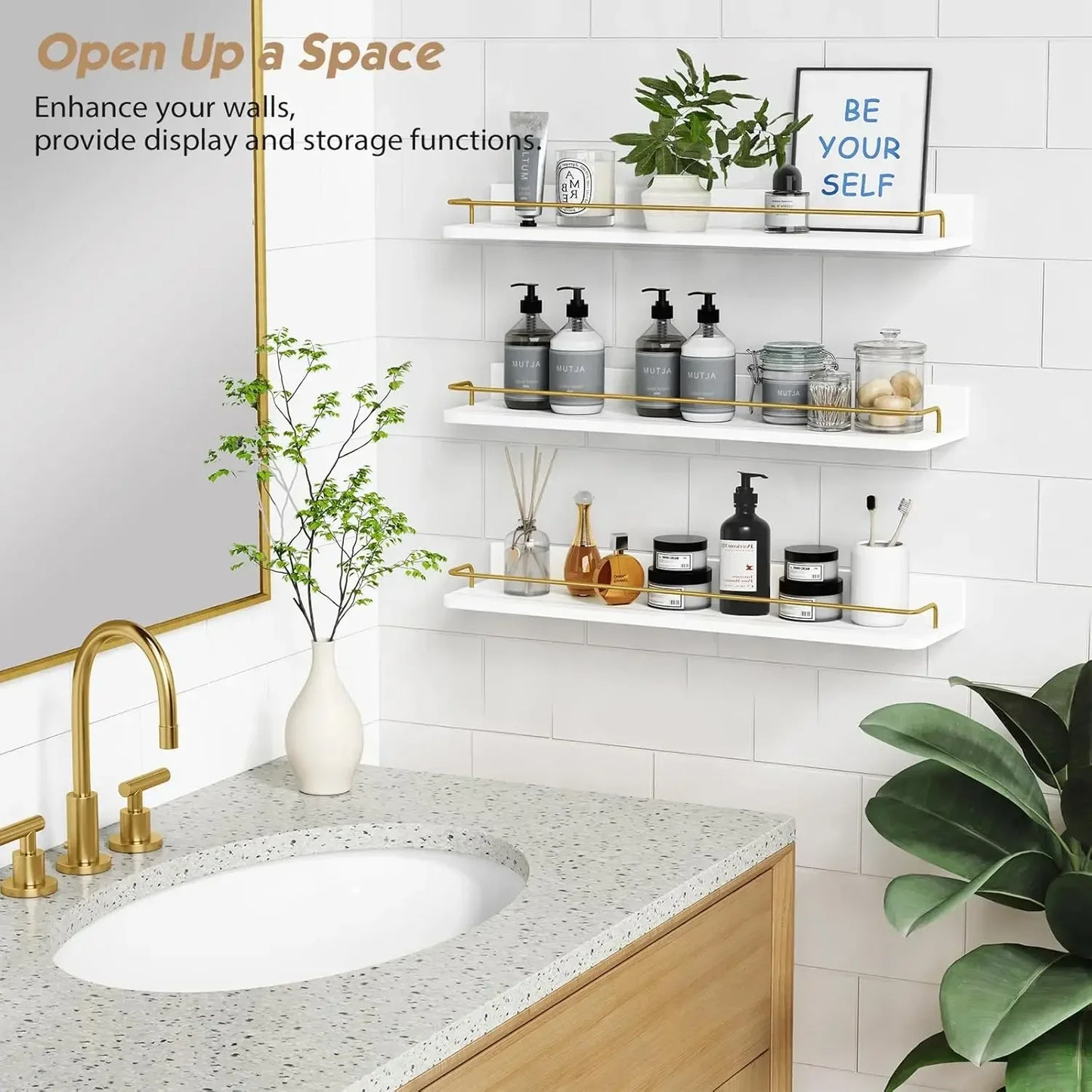 Elegant Gold Bathroom Shelves Set of 3, 24 Inch Wall Mounted Above Toilet Shelves with Rails, White and Gold for Modern Home