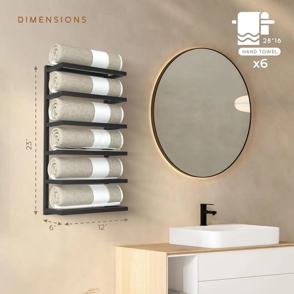 Space-Saving Wall-Mounted Black Metal 5-6 Tier Towel Rack for Bathroom Storage and Organization