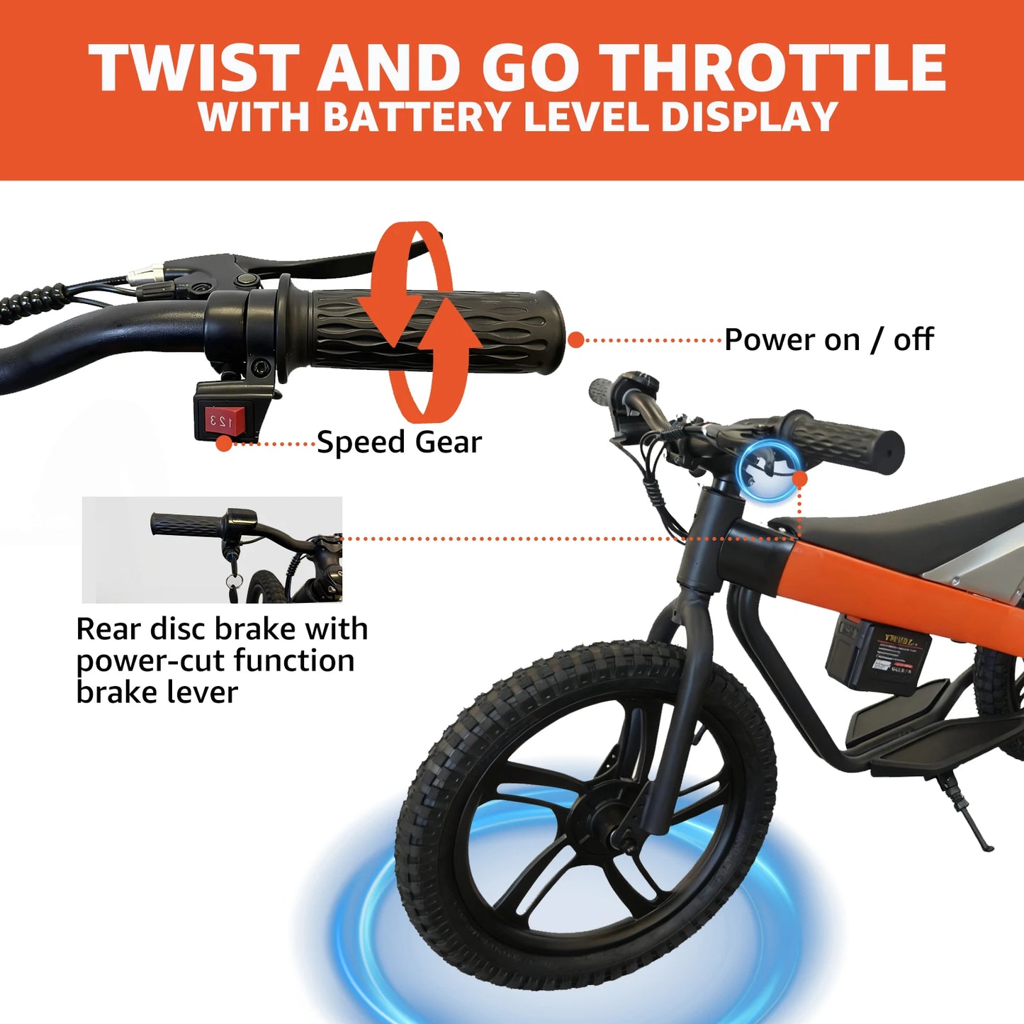 24V Electric Dirt Bike for Kids 8+, 300W Motor, Removable Battery, 15.5 mph Max Speed, 15 Miles Range, 3 Speed Mode, Orange