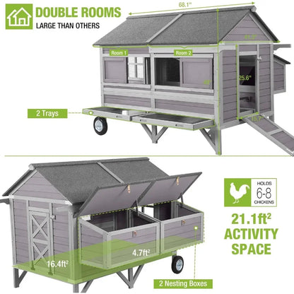 Chicken Coop for 10-12 Chickens with Large Wheels Wooden Large Chicken Coop Spacious Habitat with 4 Perches 4 Nesting