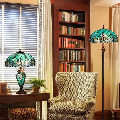 16 Inch Large Stained Glass Desk Lamp with Night Light, Victorian Sea Green Antique Style, 3-Light Living Room/Bedroom/Office Fi