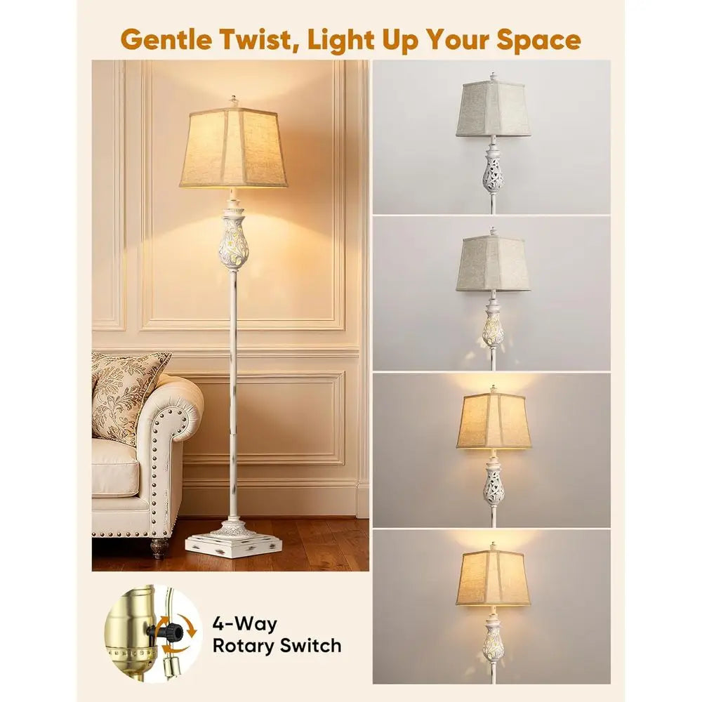 Vintage Floor Lamp with Nightlight, Rustic Tall Standing Lamp, Rotary Switch, Beige Linen Shade, Suitable for Living Room, Bedro