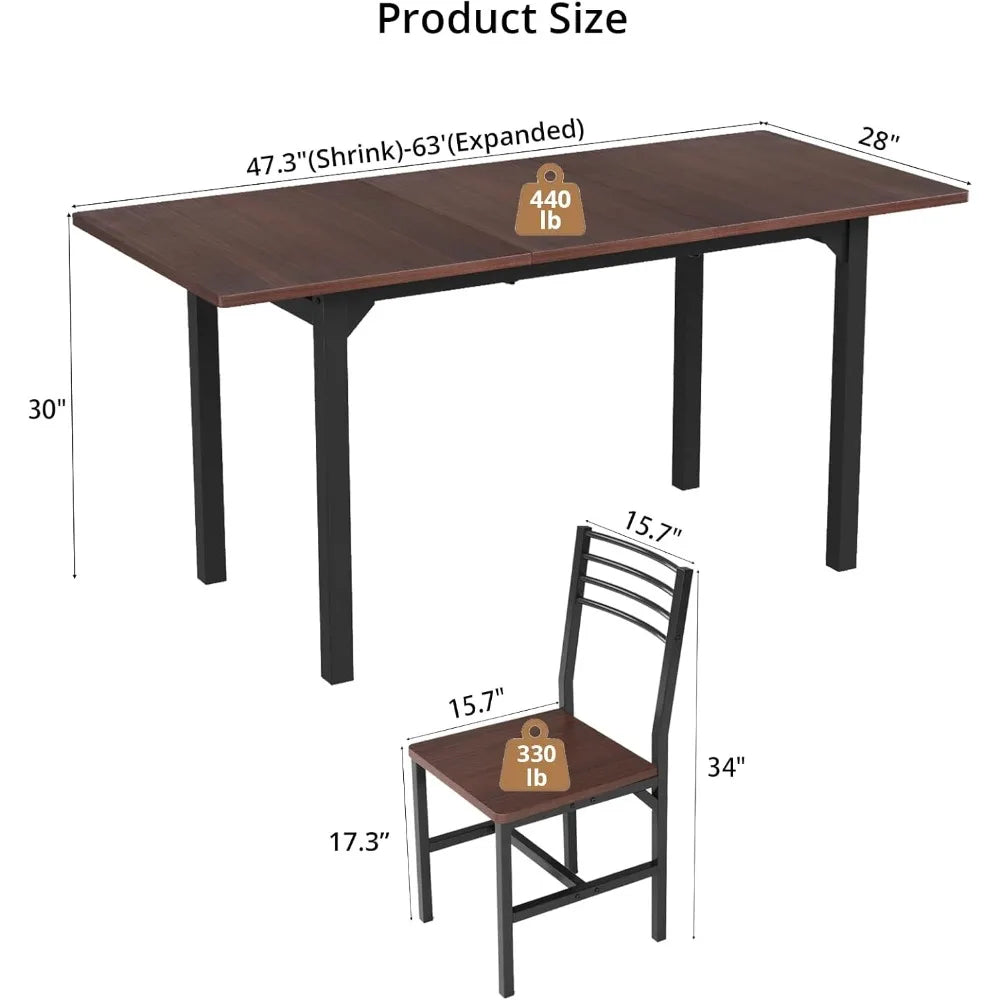 63” Extendable Dining Table Set for 4-6 People, 5-Piece Dining Table Set for 4 People with 4 Chairs, Kitchen Table Set with MDF