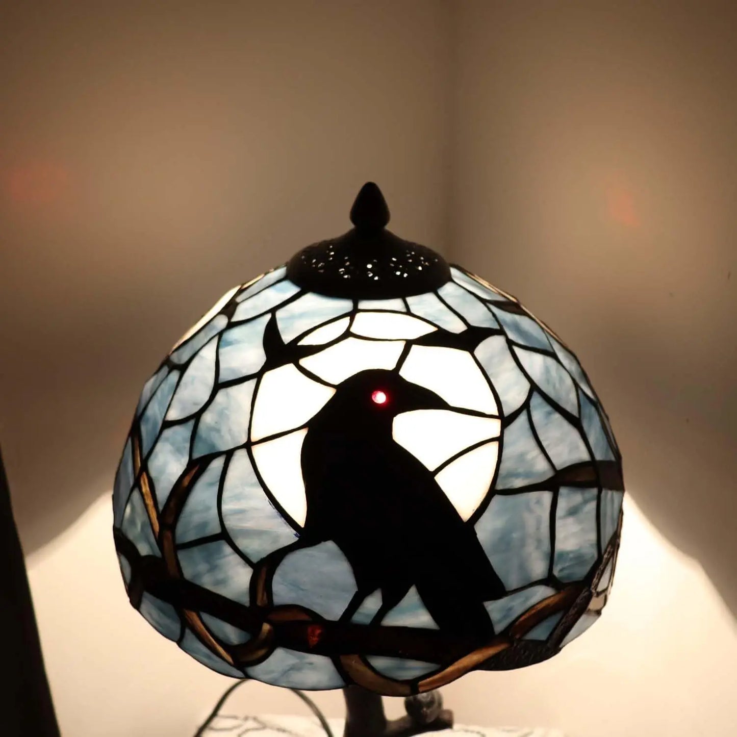 Raven Moon Night Stained Glass Table Lamp for Home Decor, Dark Blue, 12Wx20H