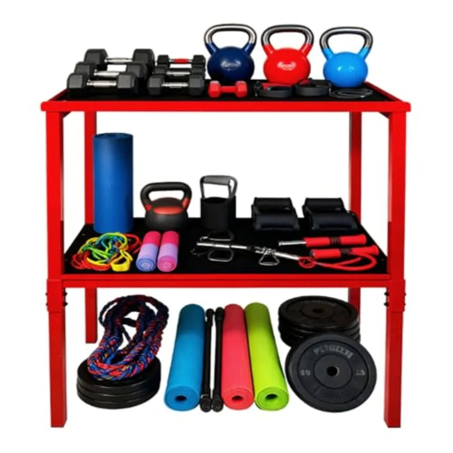 Heavy Duty 2-Tier Fitness Storage Rack 850LB Dumbbell Kettlebell Yoga Organizer with 5MM Shock-Absorbing Mat No Drill Floor Sta
