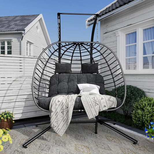 Double Egg Swing Chair with Stand, Outdoor Patio 2 Person Hanging Wicker Hammock Chairs with Cushion for Indoor Bedroom,
