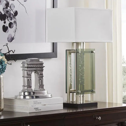 Modern Silver Finish Table Lamp for Nightstand, Water Dancing Light Home Decor, Luxury Nightlight for End Table or Sofa