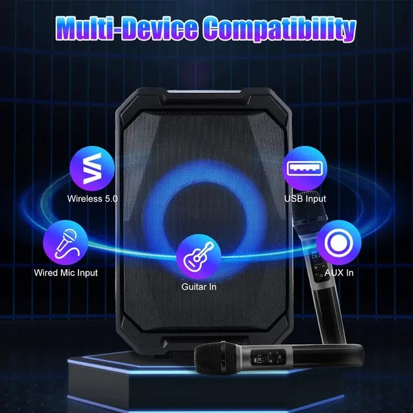 Portable Wireless Party Speaker With LED Light 2 Wireless Mics Remote Control TWS Music Accompany Mic. Priority Bass