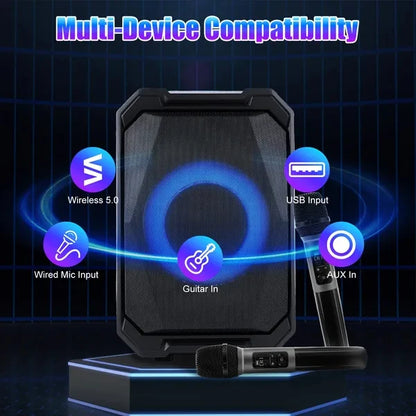 Portable Wireless Party Speaker With LED Light 2 Wireless Mics Remote Control TWS Music Accompany Mic. Priority Bass