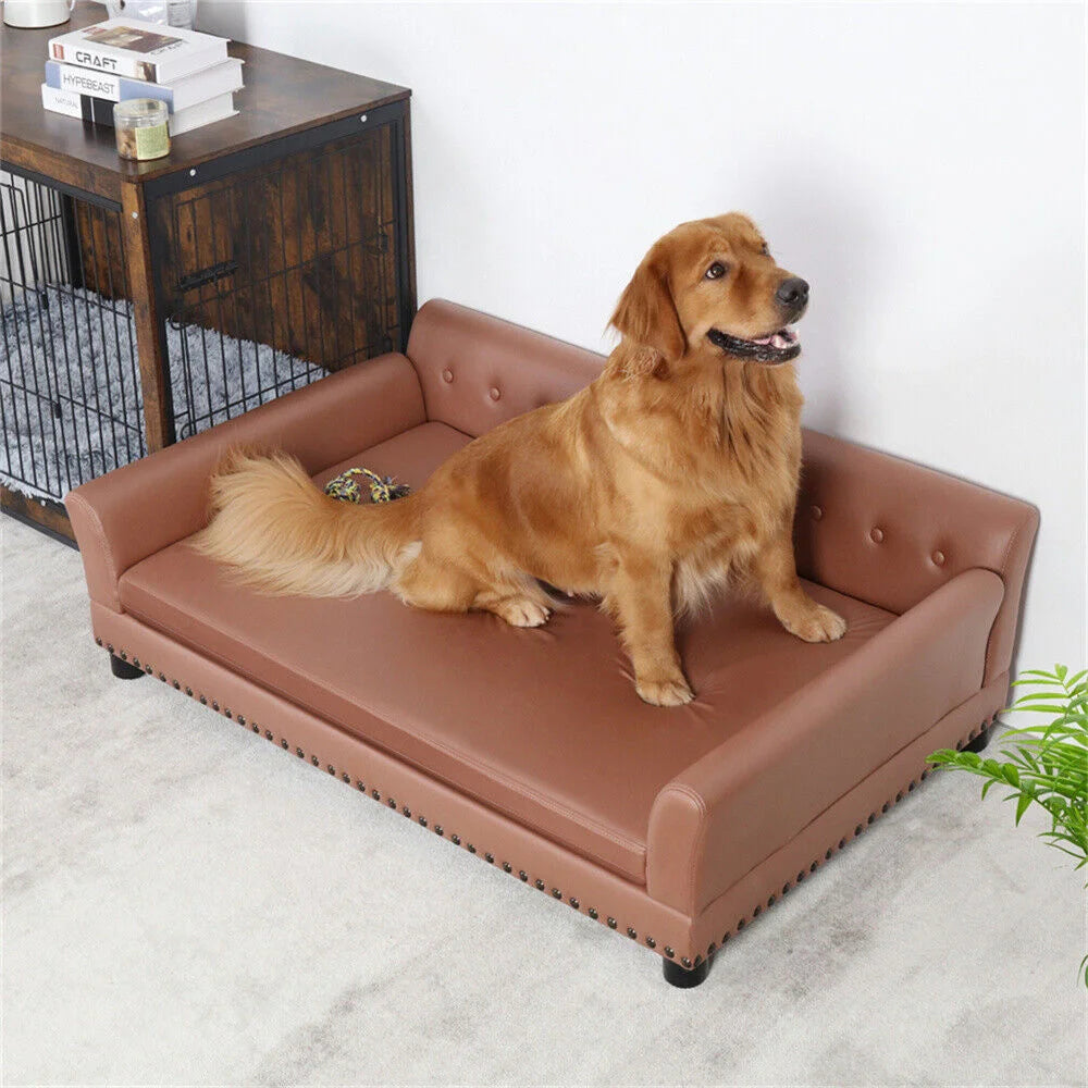 Large Elevated Dog Bed PU Leather Luxury Dog Sofa Couch Waterproof Pet Animal Backrest Snuggle Lounge Bed with Removable Cushion