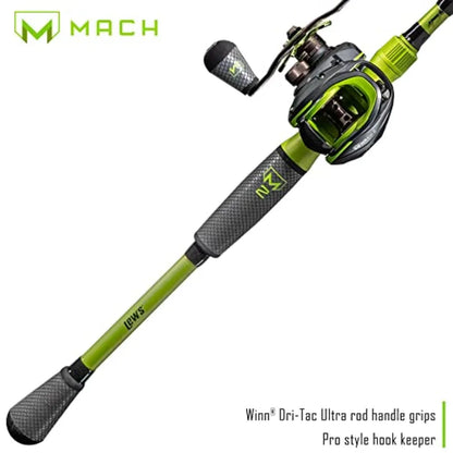 MACH 2 Baitcast Reel and Fishing Rod Combo IM8 Graphite Blank Fishing Rod Winn Dri-Tac Ultra Handle Black Green