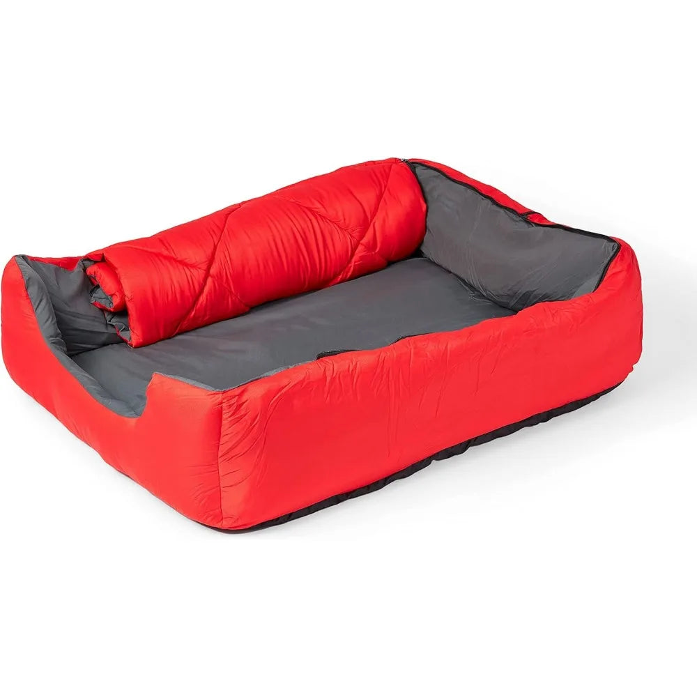 "large red travel pet sleeping bag with zippered cover for outdoor adventures"
