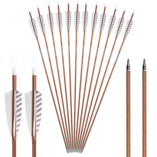 Wood Skin Carbon Arrows ID6.2 Spine 400 500 600 700 With 4" Real Feather for Longbow Recurve Bow 12pc