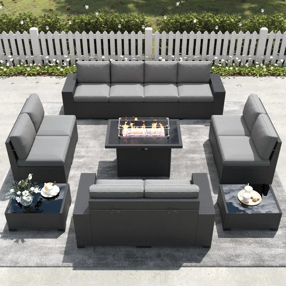 13 Pieces Outdoor Patio Furniture Set with 44" Fire Pit Table Rattan Sectional Sofa Conversation Sets