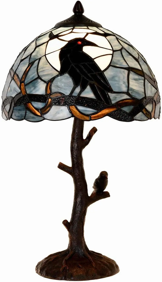 Raven Moon Night Stained Glass Table Lamp for Home Decor, Dark Blue, 12Wx20H
