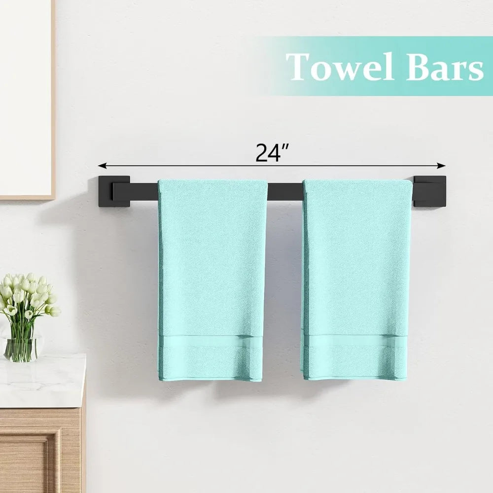 Stainless Steel Wall-Mounted Towel Rack, 24 Inch Matte Black Bathroom Hardware Set with Towel Bar for Modern Home Decor