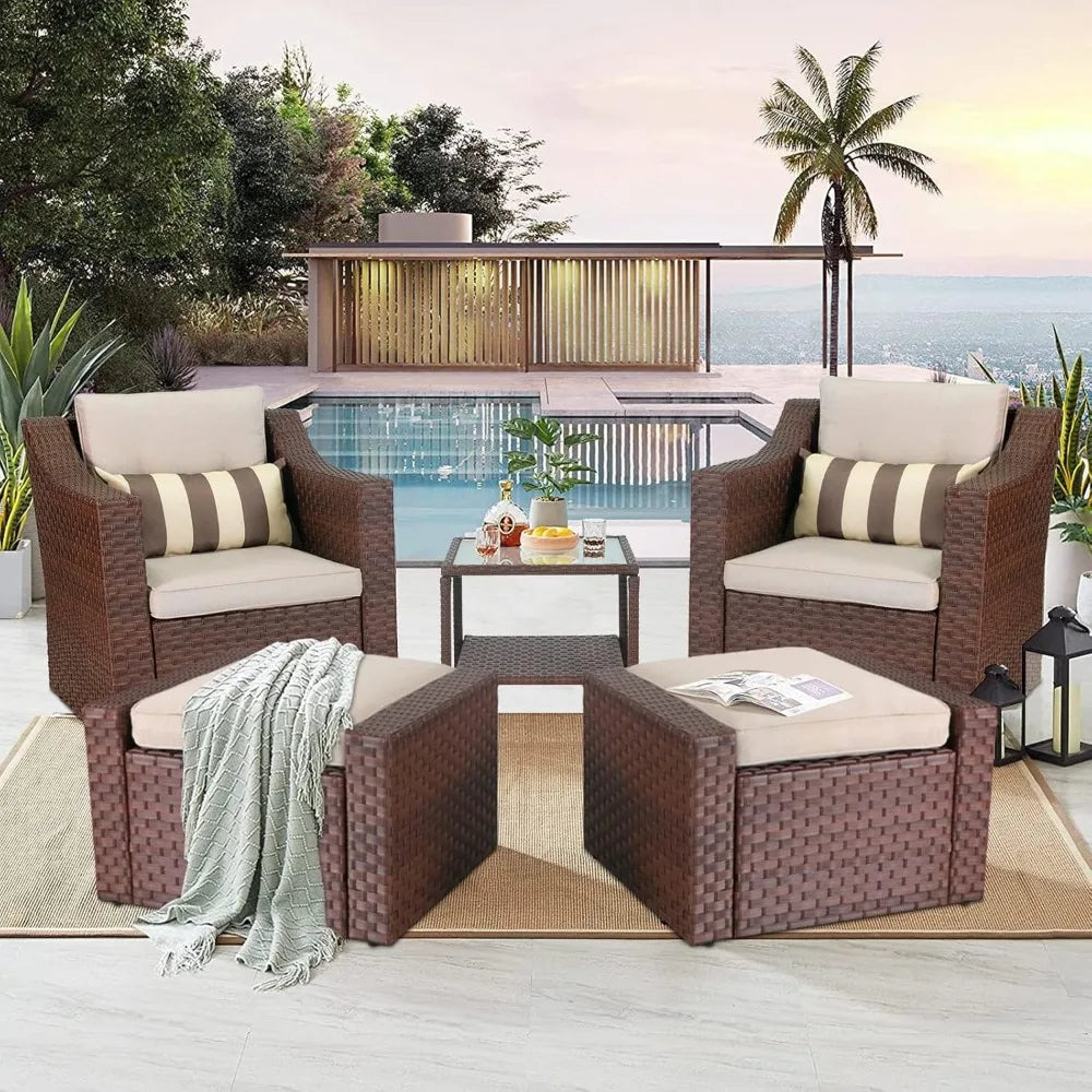 5 Piece Patio Conversation Set Outdoor Furniture Set, Brown Wicker Lounge Chair with Ottoman Footrest, W/Coffee Table & Cushion