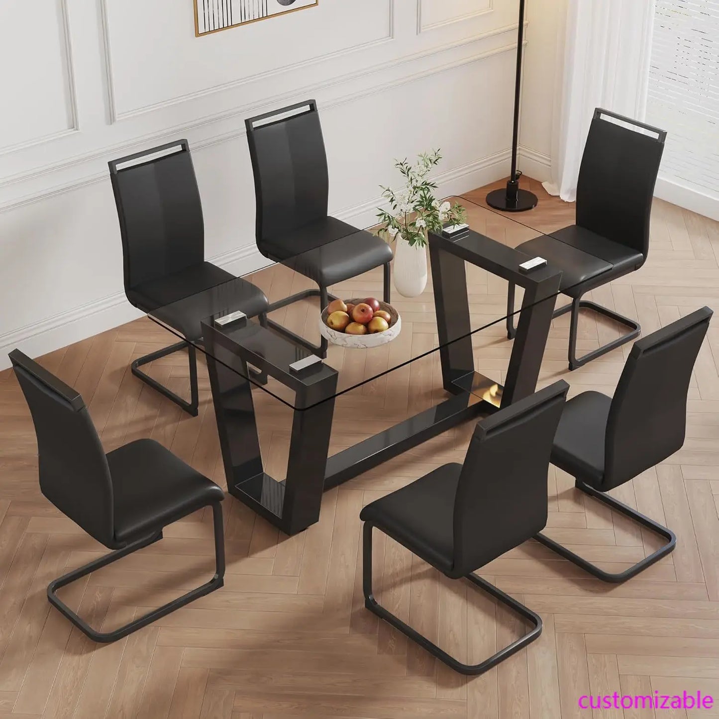 63" Glass Dining Table Set for 6,Dinner Table Set for 6,Glass Top Dining Room Table &6 PU Leather Chairs,Rectangle Black