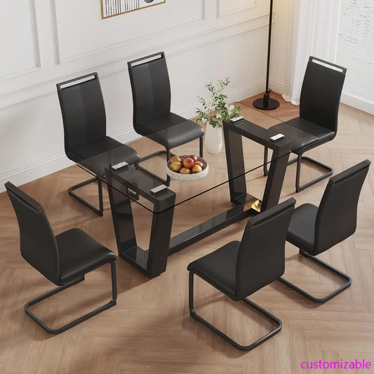 63" Glass Dining Table Set for 6,Dinner Table Set for 6,Glass Top Dining Room Table &6 PU Leather Chairs,Rectangle Black