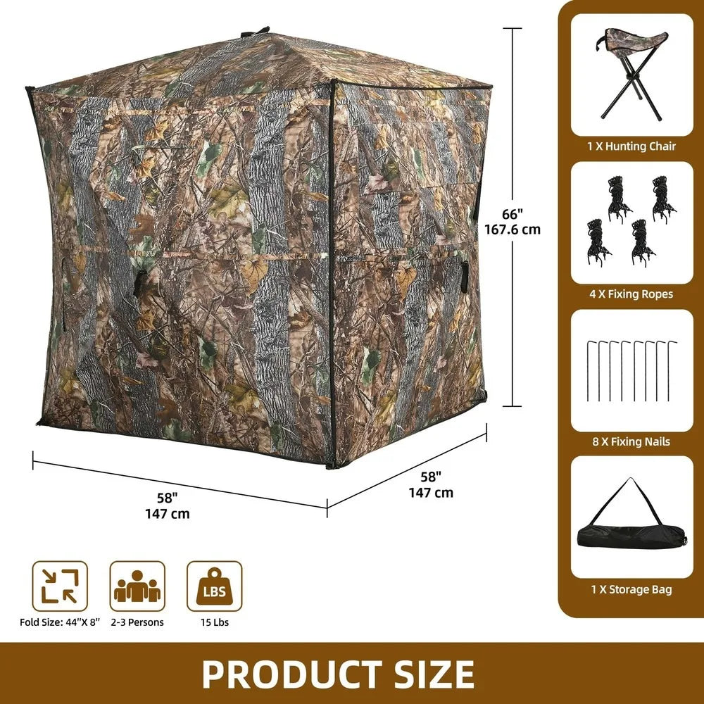 360 Degree See Hunting Blind Upwards Fully Open Door for 2-3 Person with Stool