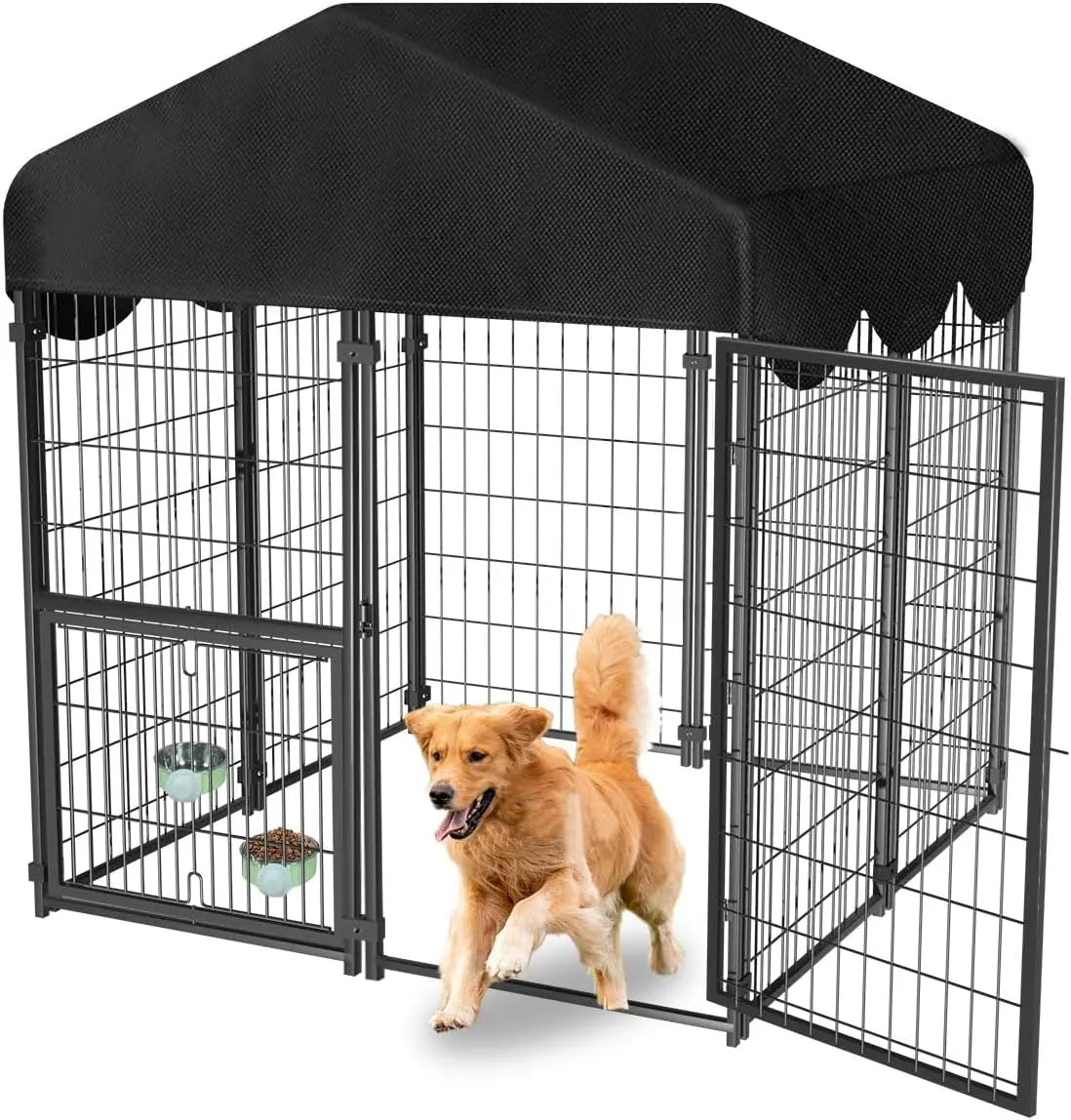Outdoor Dog Kennel with Roof, 4x4.2x4.5FT Large Enclosure, Adjustable Feeder Door for Yard Playpen