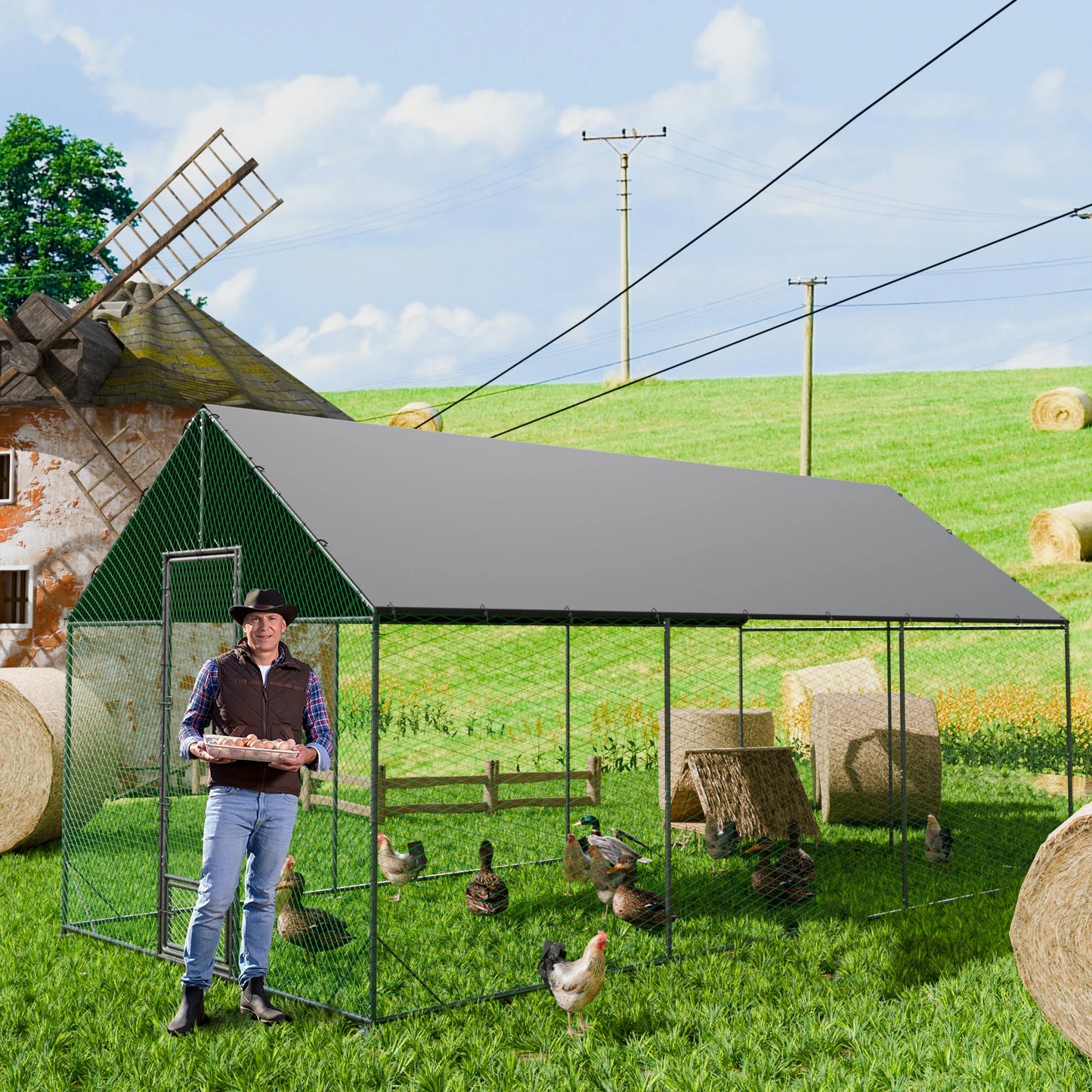 Large Outdoor Upgrade Metal Chicken Coop Walk-in Poultry Run Pen Cage Pet Duck Hen House with Nylon Netting and Cover for Yards