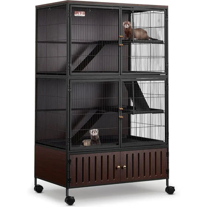 Large 60H Metal Chinchilla Cage with Removable Pan & Double Doors, Indoor Wooden Pet Crate for Small Animals