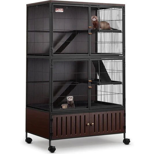 Large 60H Metal Chinchilla Cage with Removable Pan & Double Doors, Indoor Wooden Pet Crate for Small Animals