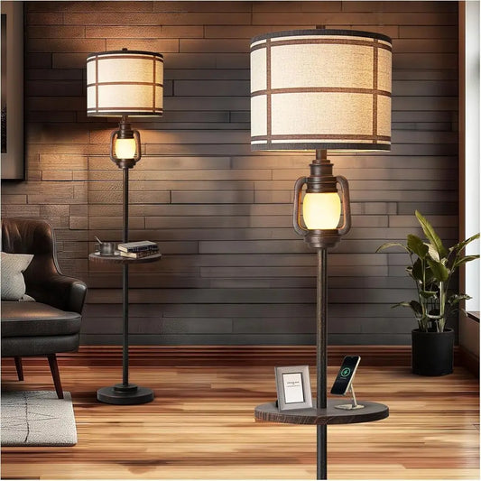Metal Tray Floor Lamp for Living Room with Nightlight, Vintage Tall Lamp with Linen Fabric Shade, Industrial Standing Lamp for B