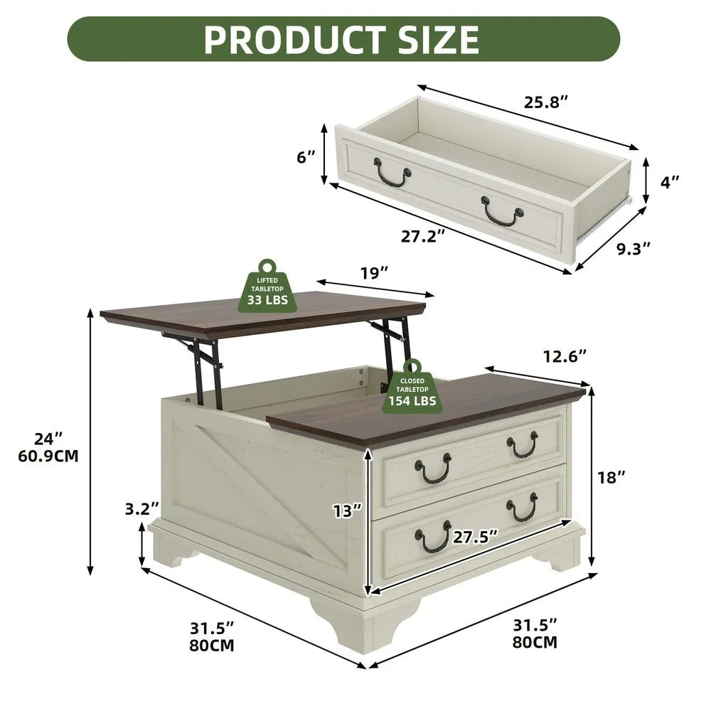 Farmhouse Square Lift-Top Coffee Table Large with Hidden Compartment Living Room