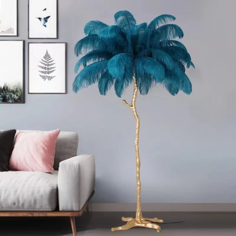 200cm Nordic Ostrich Feather Floor Lamp Resin Copper Living Room Home Decor Standing Light Indoor Lighting Bedroom Bedside Light