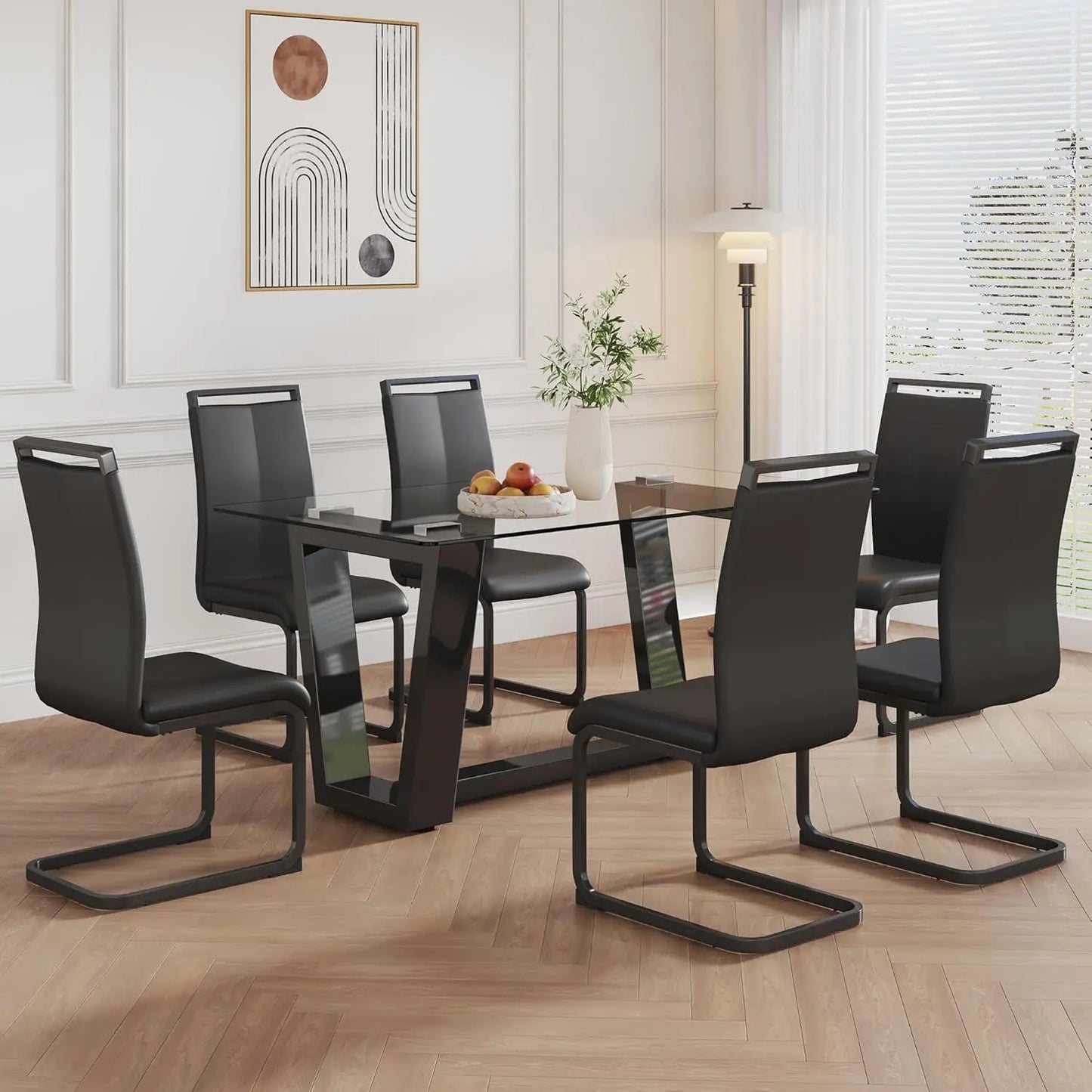 63" Glass Dining Table Set for 6,Dinner Table Set for 6,Glass Top Dining Room Table &6 PU Leather Chairs,Rectangle Black