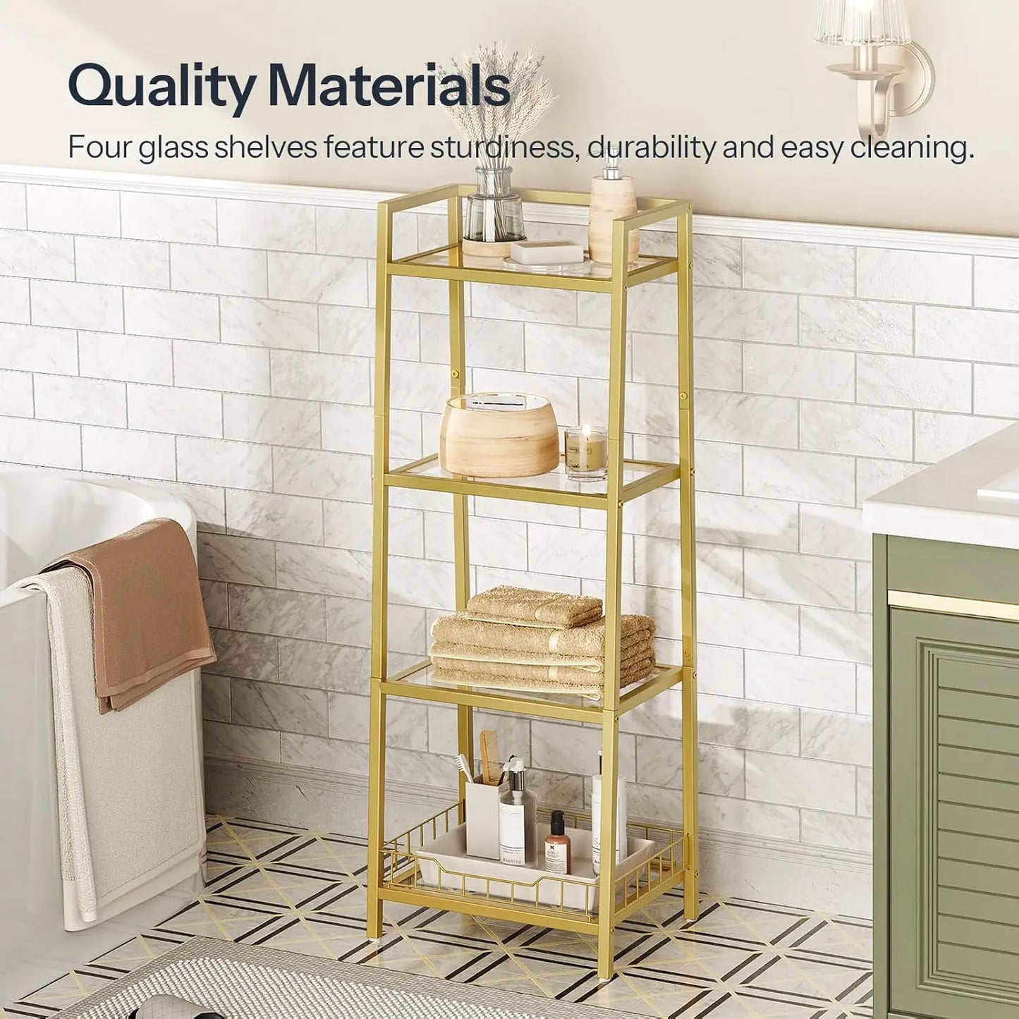 Floor Standing Gold Glass Shelf 4-Tier - Waterproof Rack for Bathroom & Decor Organization