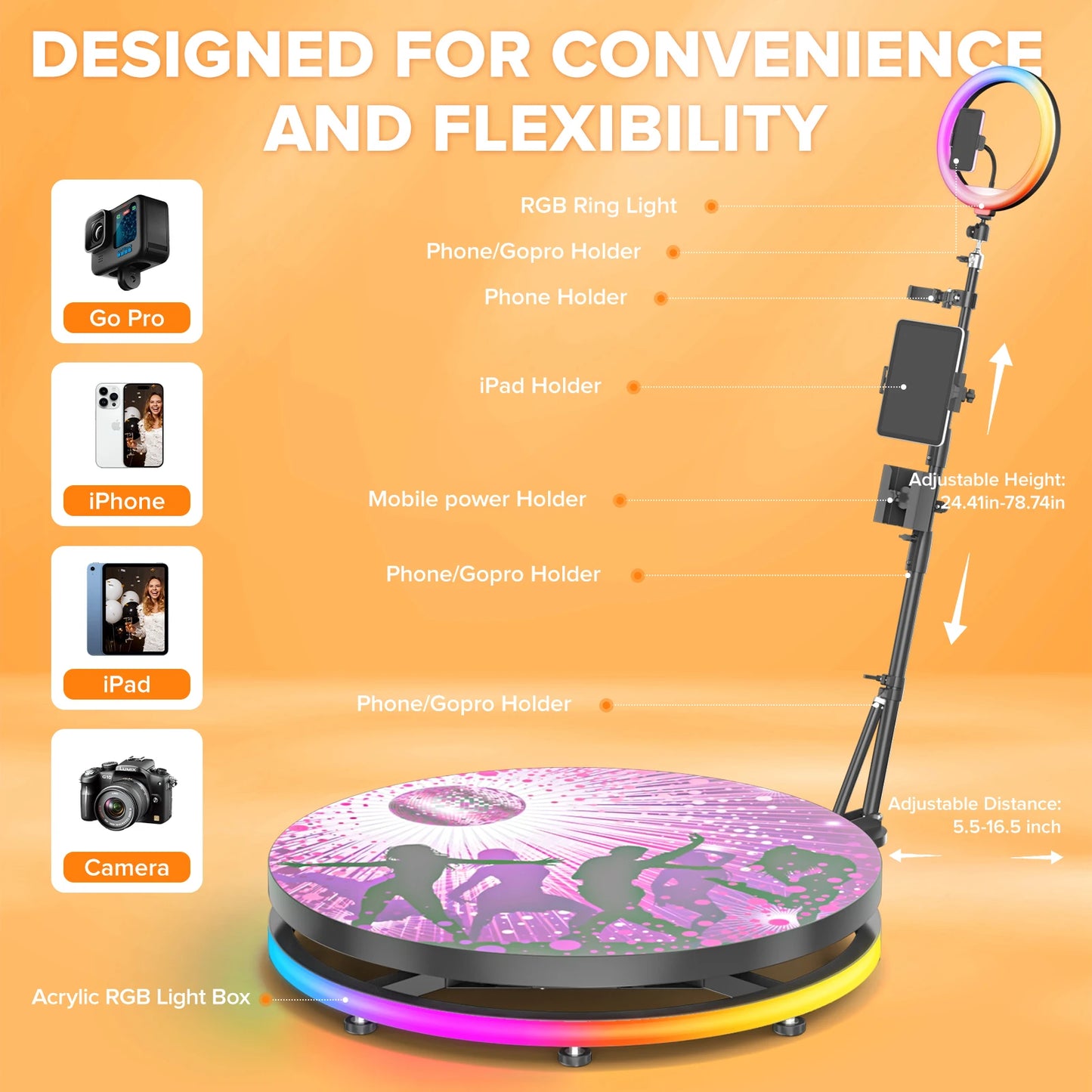 360 Photo Booth Machine 60/80/100cm With RGB Ring Light Flight Case Portable360 Spin Camera Booth For Wedding Party Event Rental
