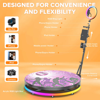 360 Photo Booth Machine 60/80/100cm With RGB Ring Light Flight Case Portable360 Spin Camera Booth For Wedding Party Event Rental