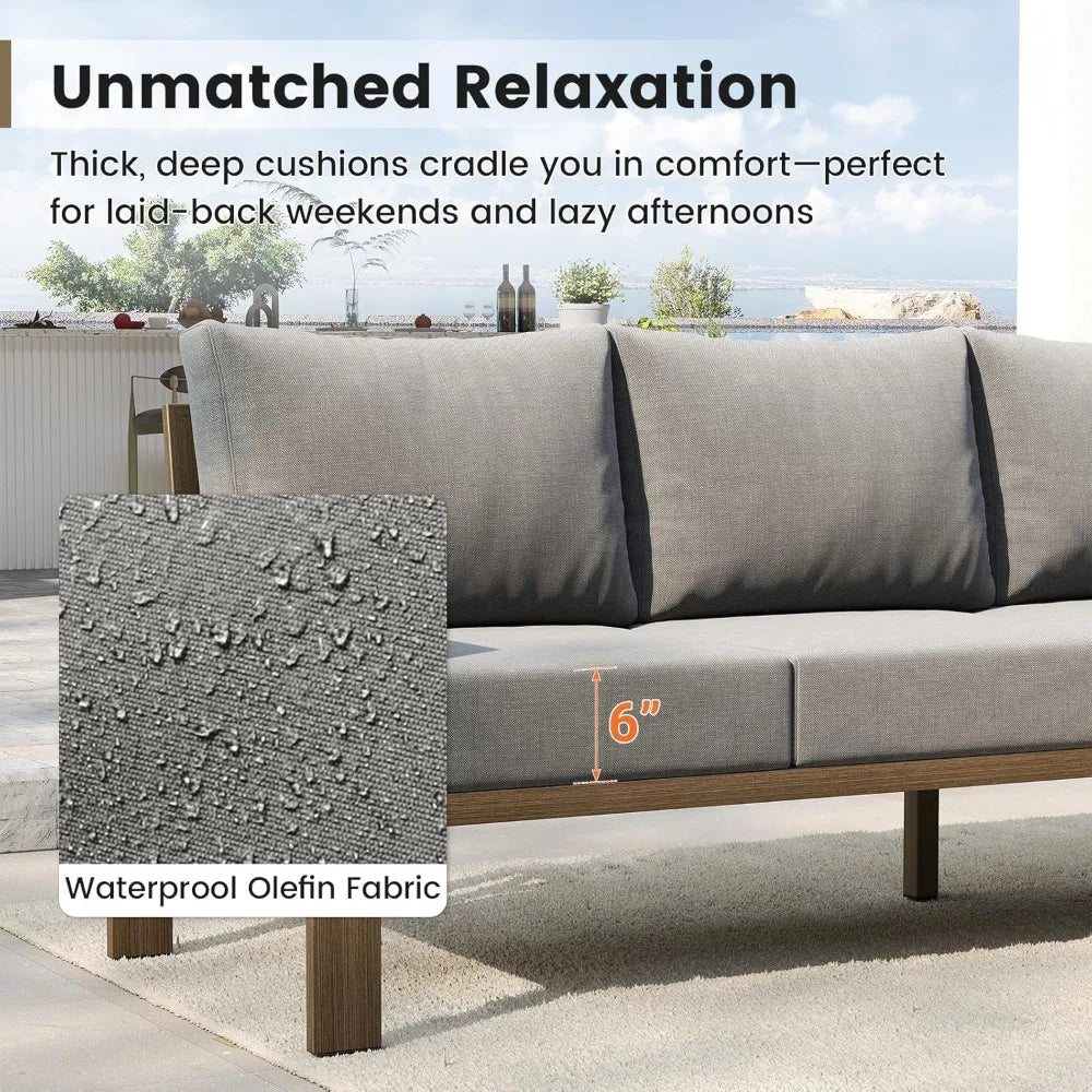 6 Piece Patio Furniture Set, Faux Wood Metal Outdoor Sectional Sofa with 6" Thick Olefin Cushions, Wide Armrest & Coffee Table