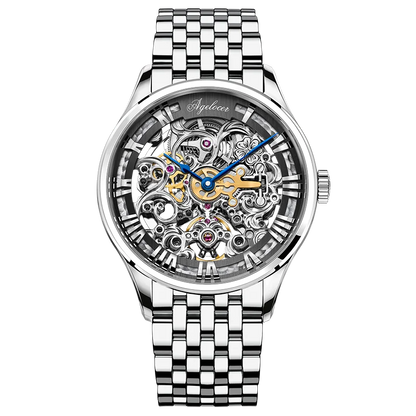 AGELOCER Original Baroque Art Carved Watch Steel Strap Men's Hollow Carved Automatic Mechanical Watch Birthday Gift for Men