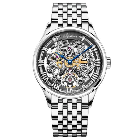 AGELOCER Original Baroque Art Carved Watch Steel Strap Men's Hollow Carved Automatic Mechanical Watch Birthday Gift for Men