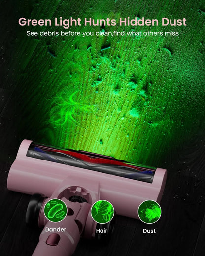 Cordless Vacuum Cleaner with 60Kpa Suction, 70min Runtime, Green LED Light for Pet Hair on Floors & Carpet