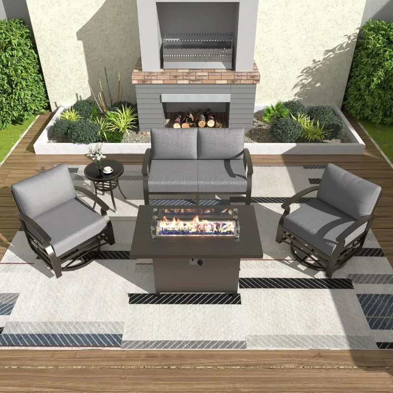 Aluminum Patio Furniture Set 4-Seat Modern Metal Outdoor Conversation Sets w/45in Propane Fire Pit Table, Loveseat Sofa