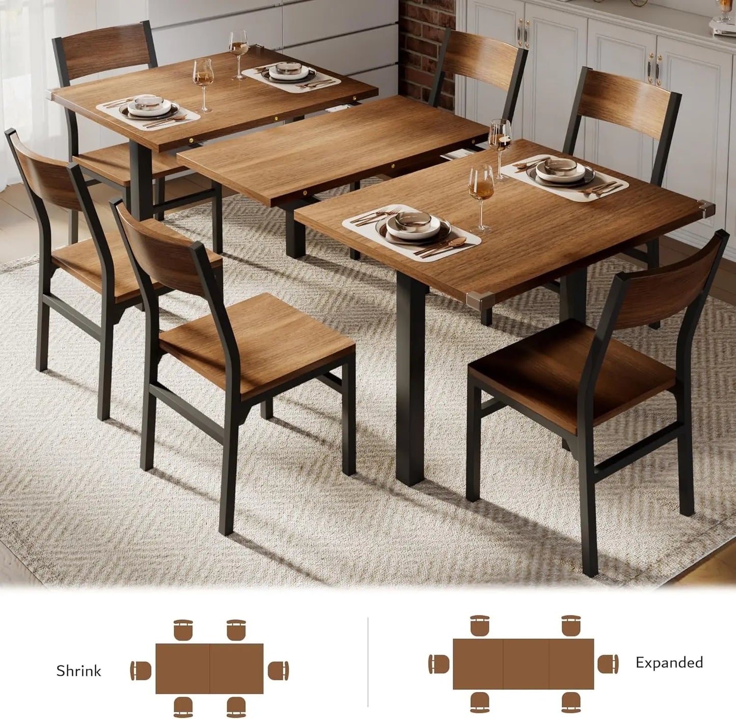 7-Piece Dining Table Set with 6 Chairs,63" Extendable Kitchen Table & Chairs Set for 4-6,Dining RoomTable with Solid Metal Frame
