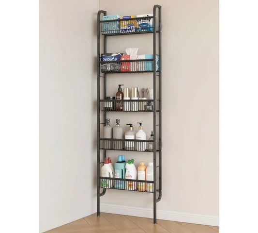 5-Tier Slim Over-The-Door Storage Shelf, Space-Saving Narrow Rack for Bathroom Kitchen Organization Black