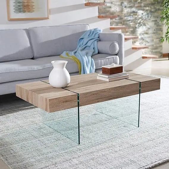 Home Collection Jacob Modern Rectangular Floating Coffee Table COF7001C, 43.3" W x 23.6" L x 15.7" H, Natural/Glass Legs