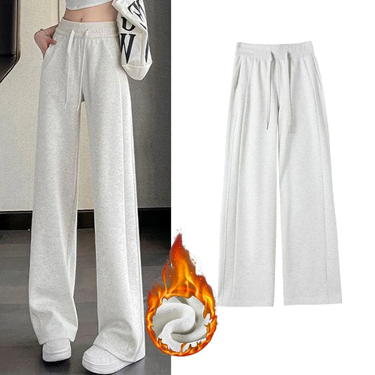 Winter Girls Snow Warm Daily Straight Leg Pants Lady Fashion Solid Plush Trousers Female High Waist Thermal Fleece Pants