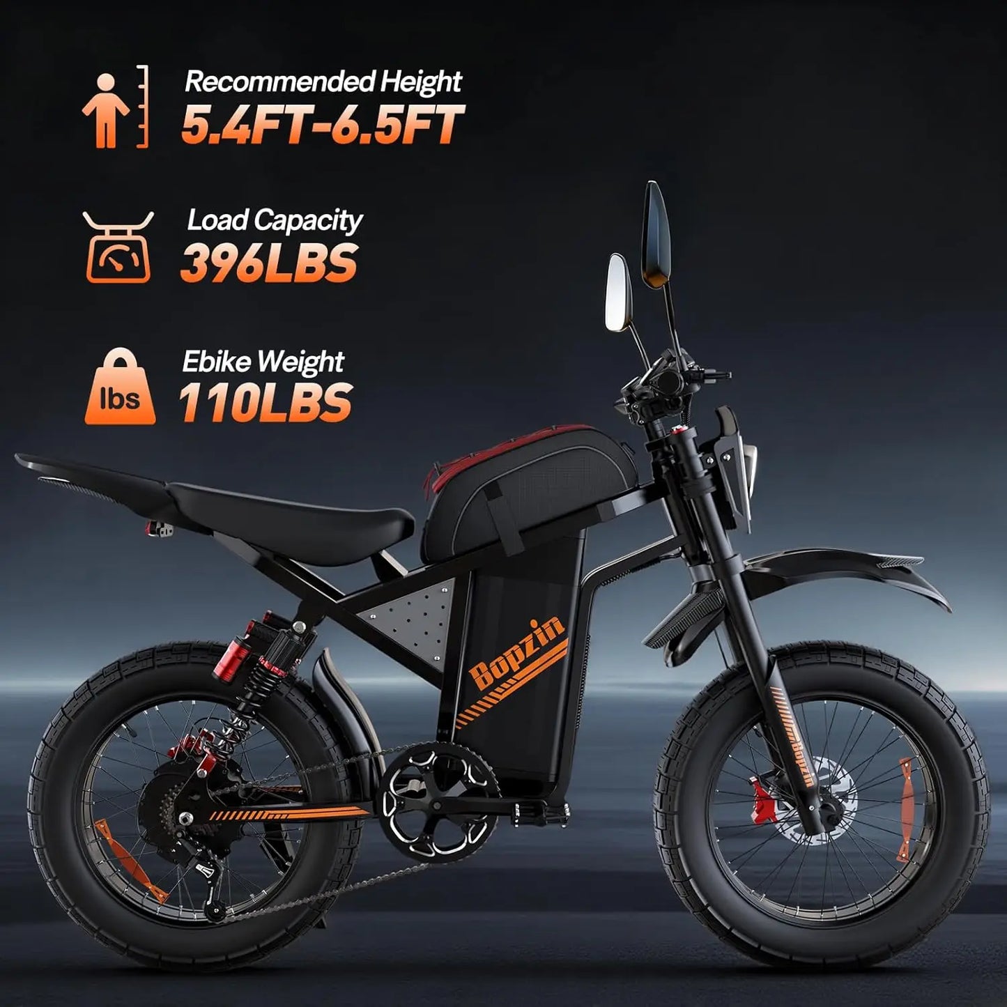 Bopzin Electric Mountain Dirt Bike M2000 60V 35Ah 3000W 20"x4 Off Road Fat Tire E-Bike Electric Bicycles Motorcycle for Adults