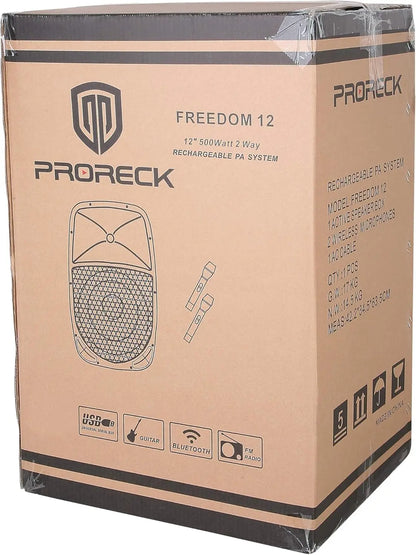 PRORECK Freedom 12 Portable Wireless 12" 500W PA Speaker with Rechargeable Battery, BT/USB/SD/FM, Remote & Wireless Mic.