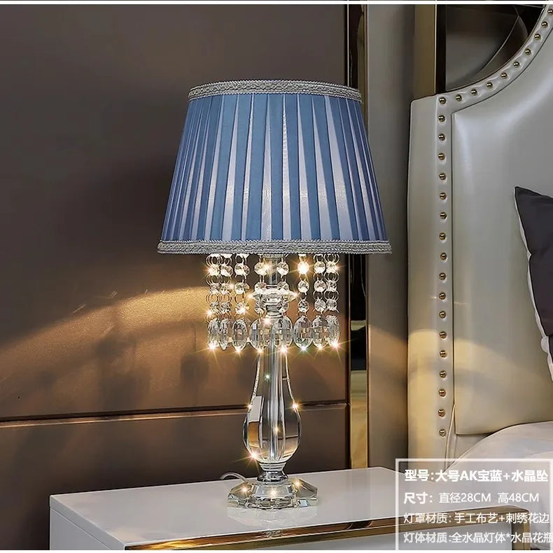 Modern Bedside Crystal Table Lamp with Ruched Fabric Lampshade Elegant Plug-in Crystal Chandelier Nightstand Room Decor