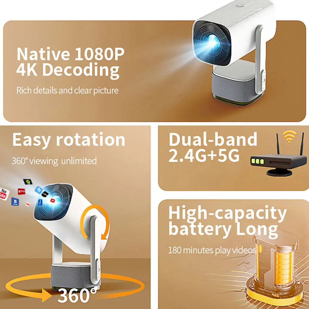 Yinzam Hy400 1080P HD Smart Projector Android11 Built-in 5200mAh Battery Support 4K Mobile Outdoor Projector WIFI BT Auto Focus