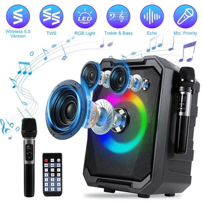 Portable Wireless Party Speaker With LED Light 2 Wireless Mics Remote Control TWS Music Accompany Mic. Priority Bass