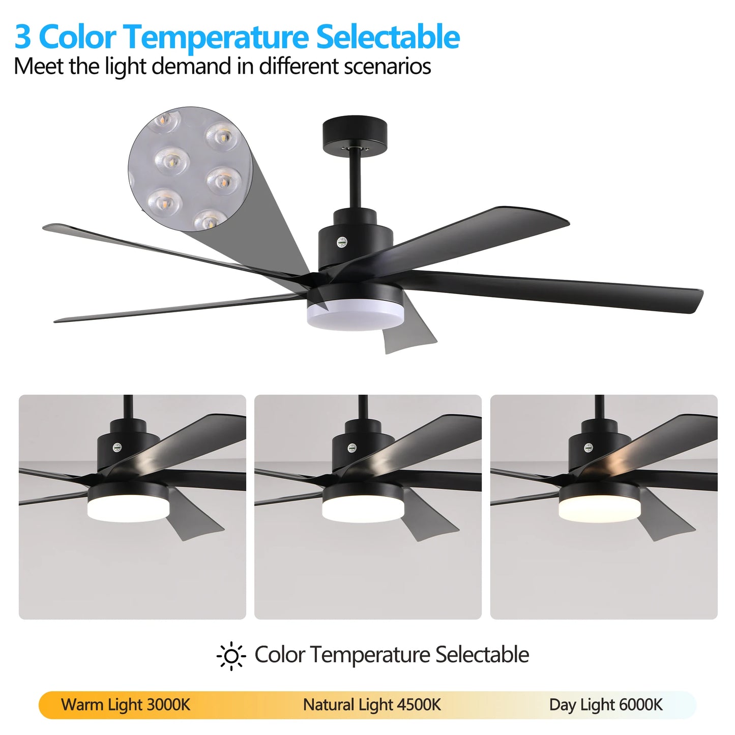 65 Inch Black Ceiling Fan with Light, 5-Blade Dimmable LED Ceiling Fan with Remote Control, Modern Quiet Design